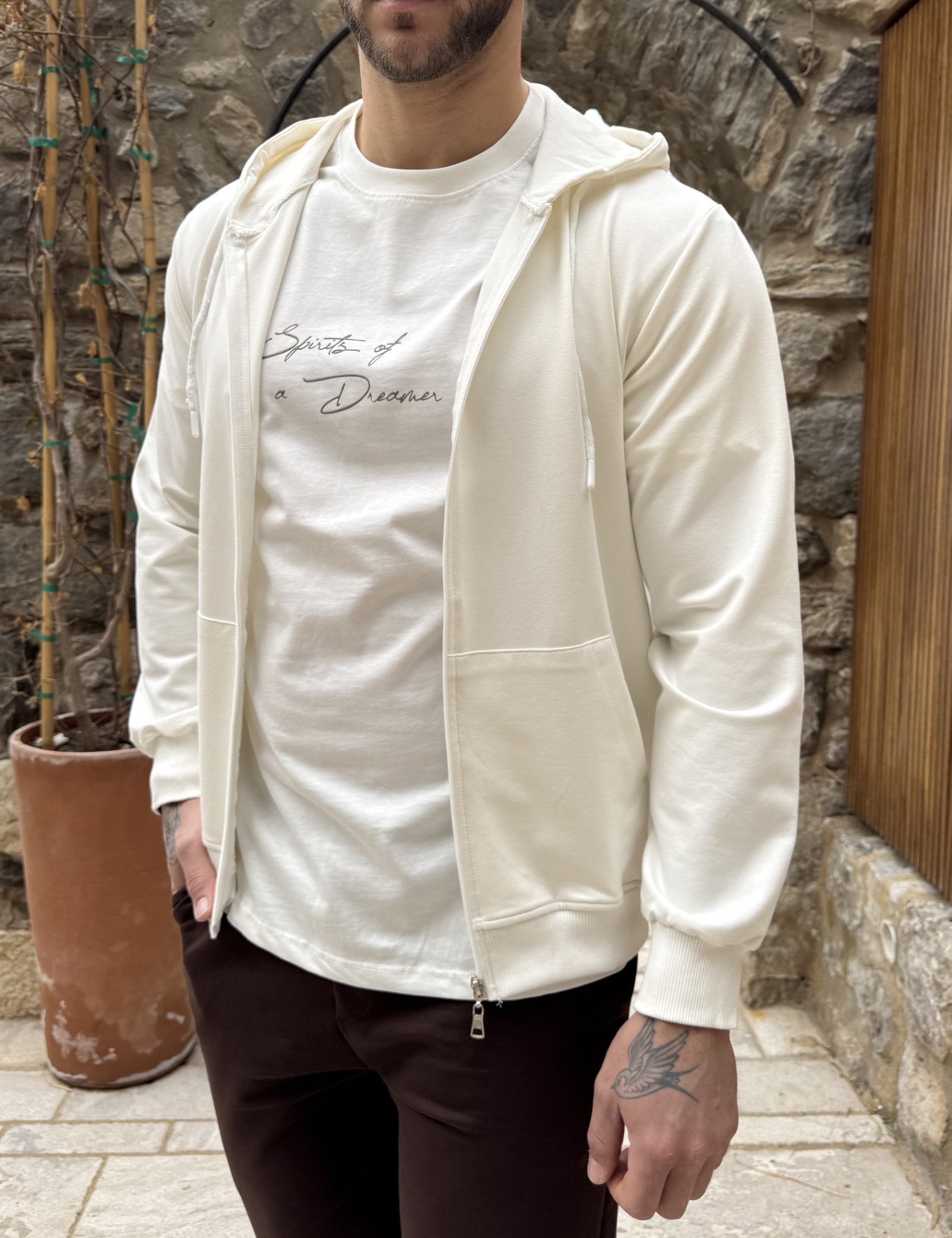 Ανδρική λευκή βαμβακερή ζακέτα με κουκούλα KEF2630W φωτογραφία